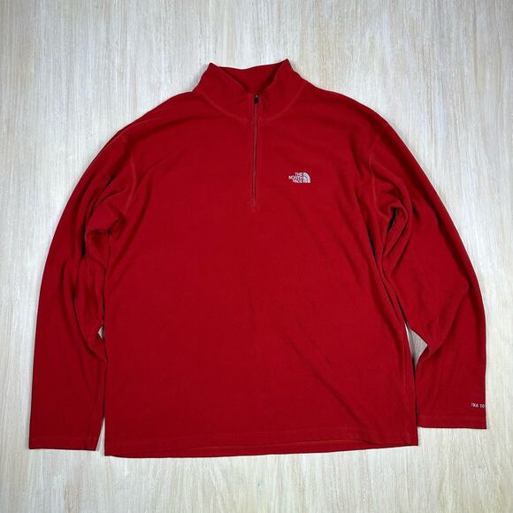 North Face Red Fleece Pullover 1/4 Zip Sweatshirt Logo Sweater Men's Large - Picture 1 of 15